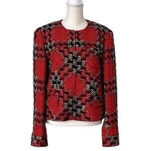 CARLISLE Red Plaid Lady Jacket Blazer Hidden‎ Button Closure Size 8